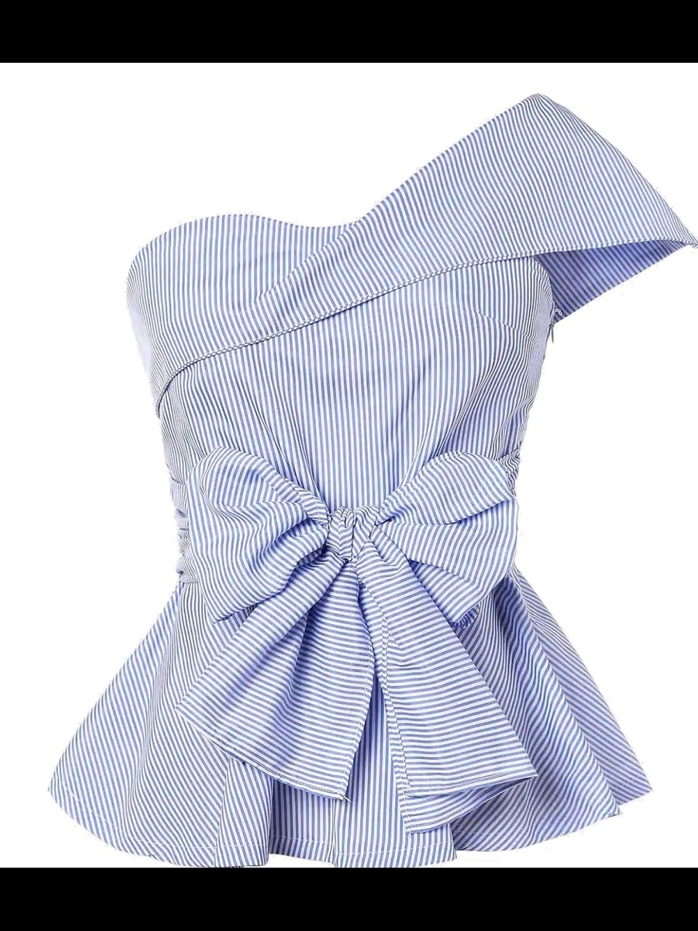 NWOT Rowme One-Shoulder Blue & White Striped Bow Peplum Top Side Zipper Size S